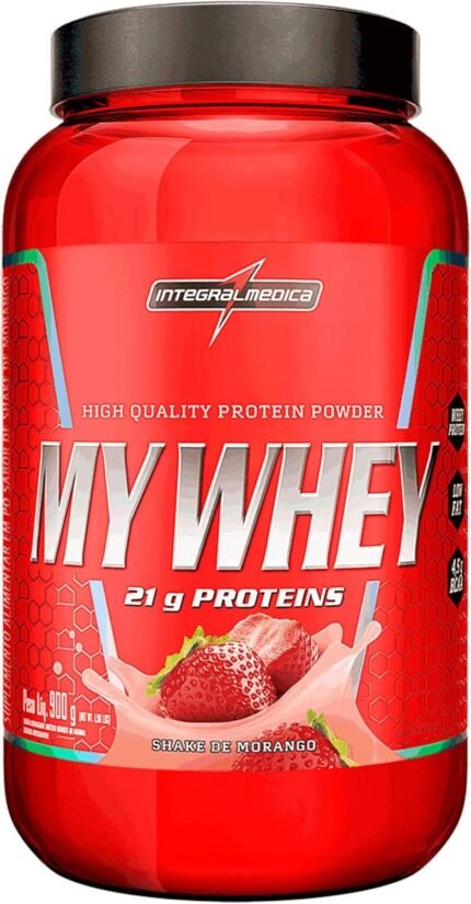 Integralmedica My Whey Proteína em Pó Sabor Morango - 21g de Proteína por Porção - Alta Concentração de BCAAs - Pote 900g